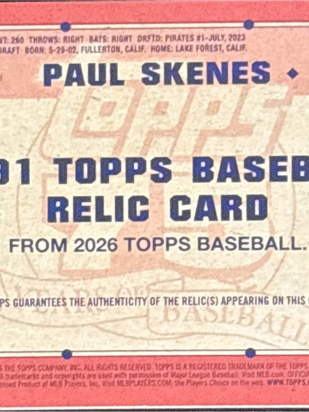 Topps Paul Skenes Player Worn Memorabilia Card